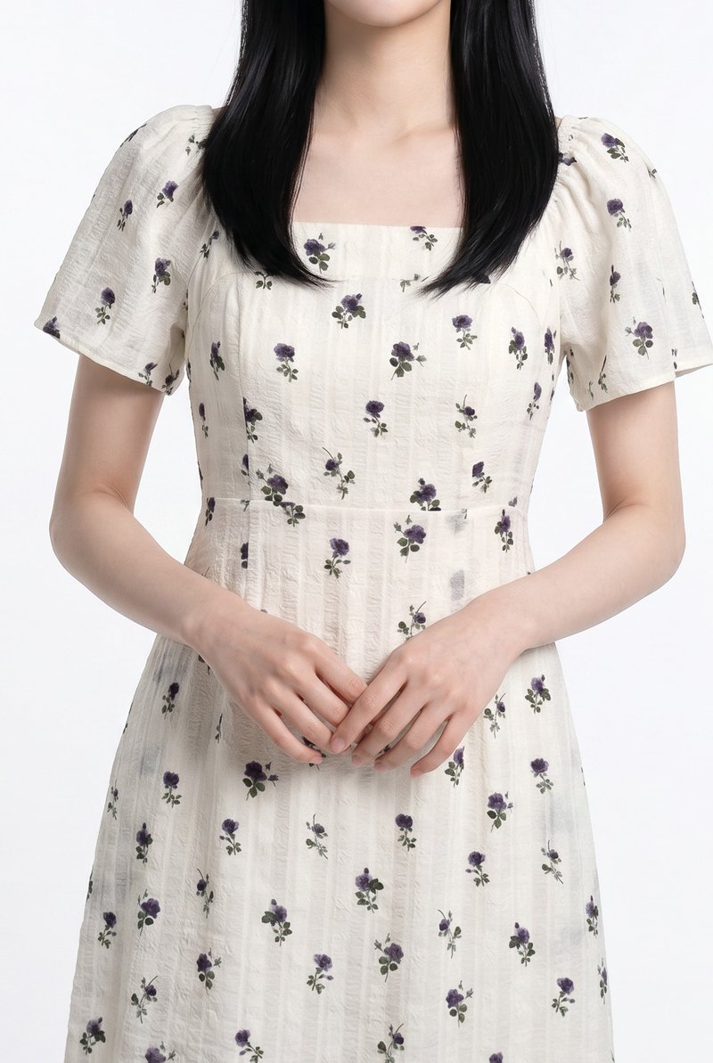 Lunox Textured Floral Dress in Cream