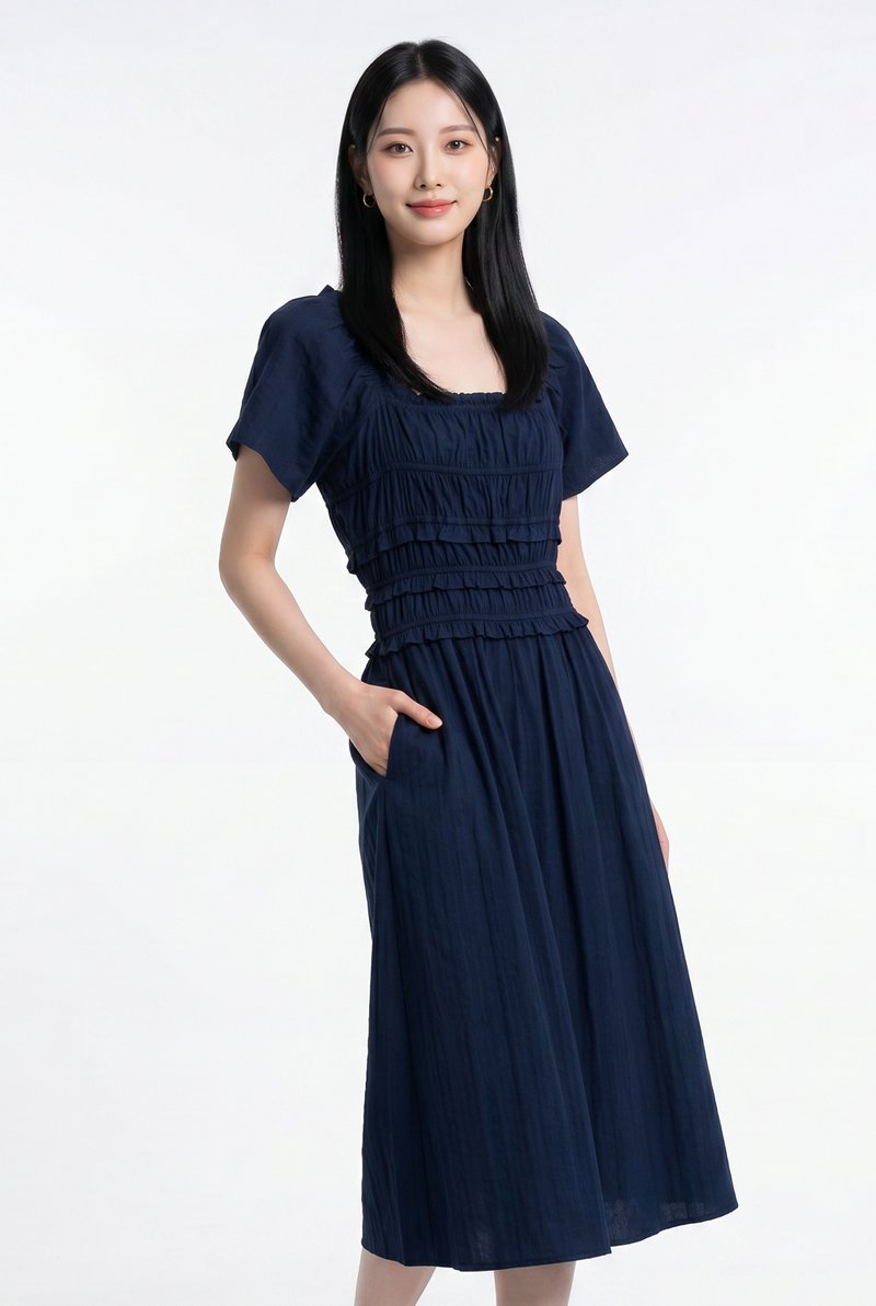 Maren Smocked Ruffles Midi Dress in Navy