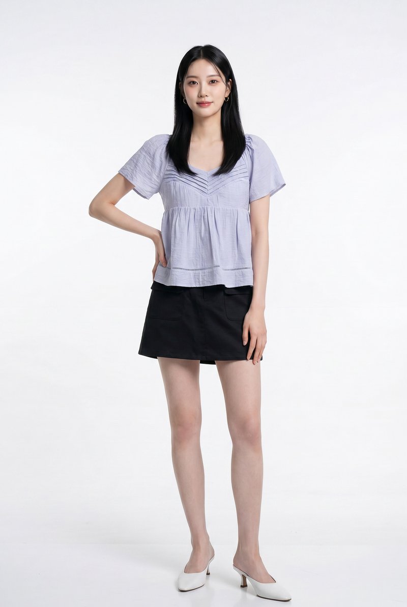 Alora Pleated Crochet Top in Lavender Blue