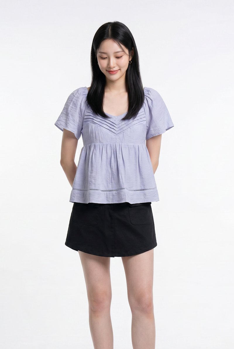 Alora Pleated Crochet Top in Lavender Blue