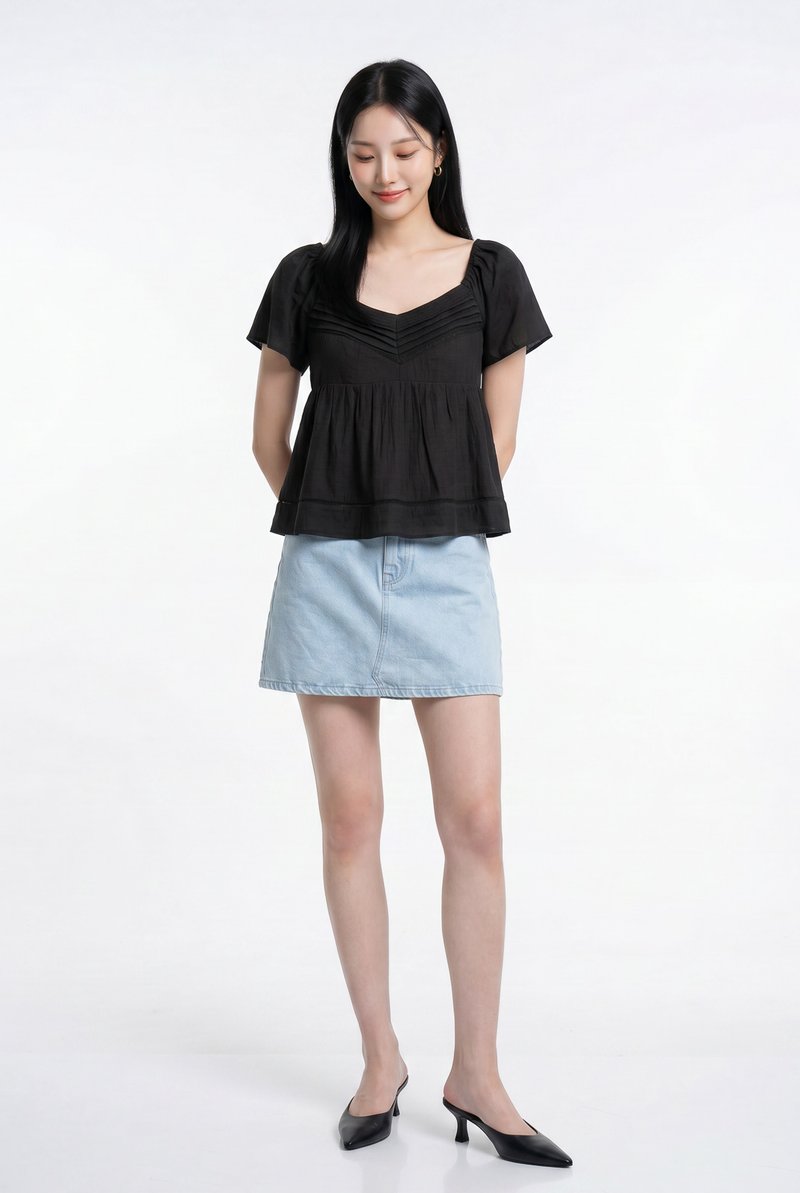 Alora Pleated Crochet Top in Black