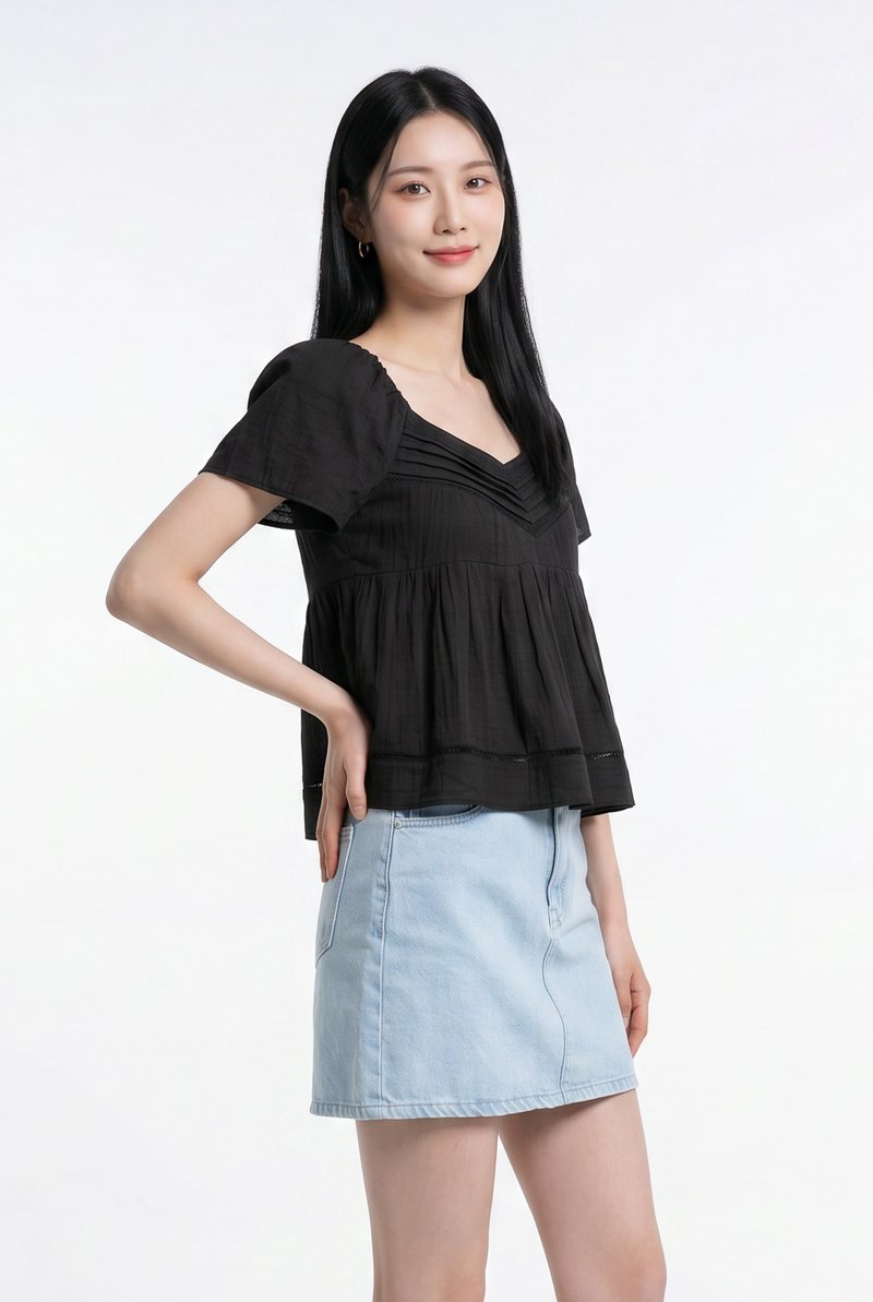 Alora Pleated Crochet Top in Black