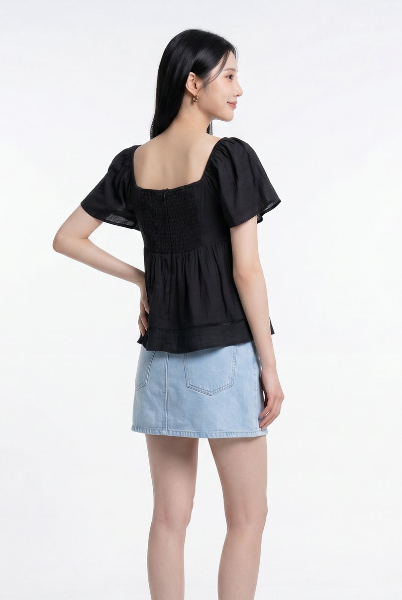 Alora Pleated Crochet Top in Black