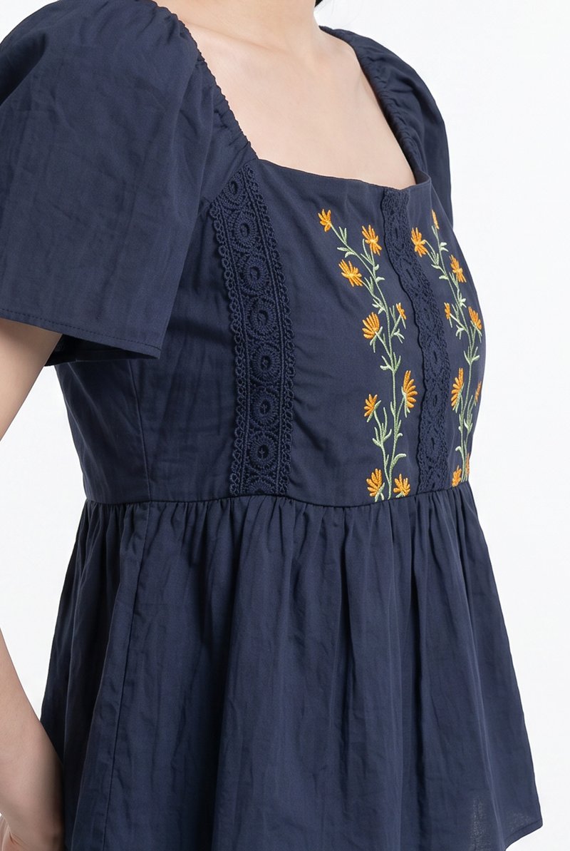 Adeline Embroidered Floral Top in Navy