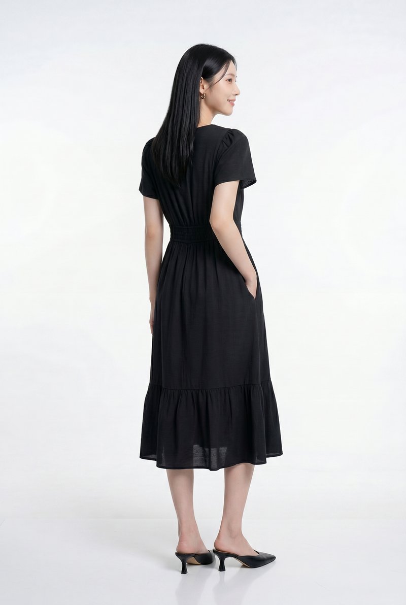 Melissa Smocked Waist Midi Dress in Black