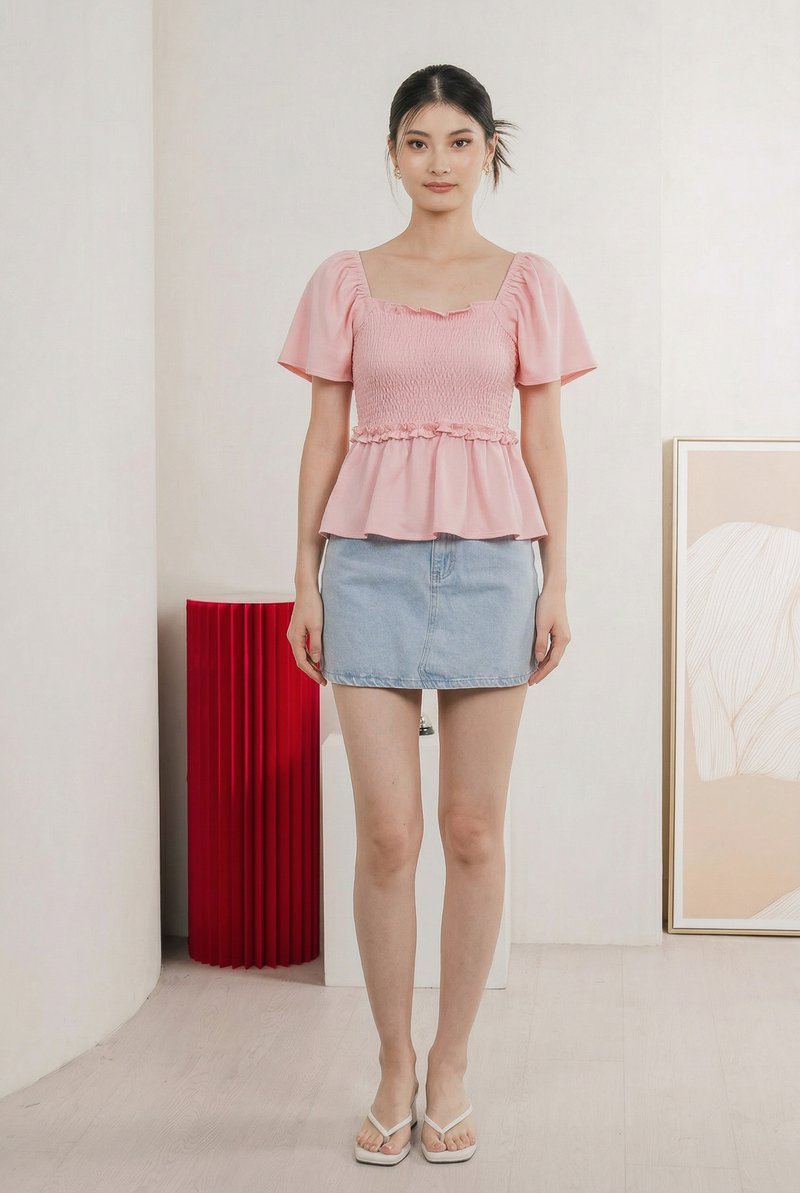 Ariella Cotton Ruffles Top In Sweet Pink