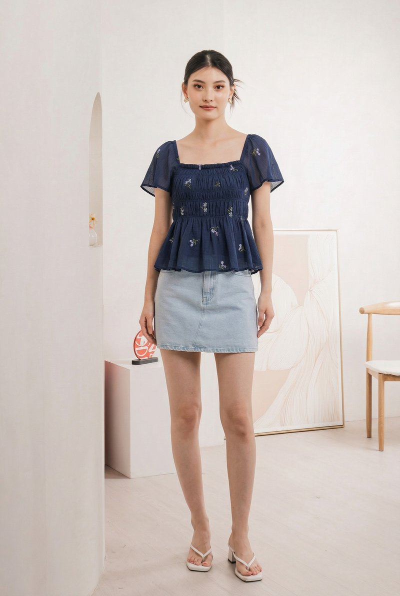 Cyra Smocked Floral Top In Navy