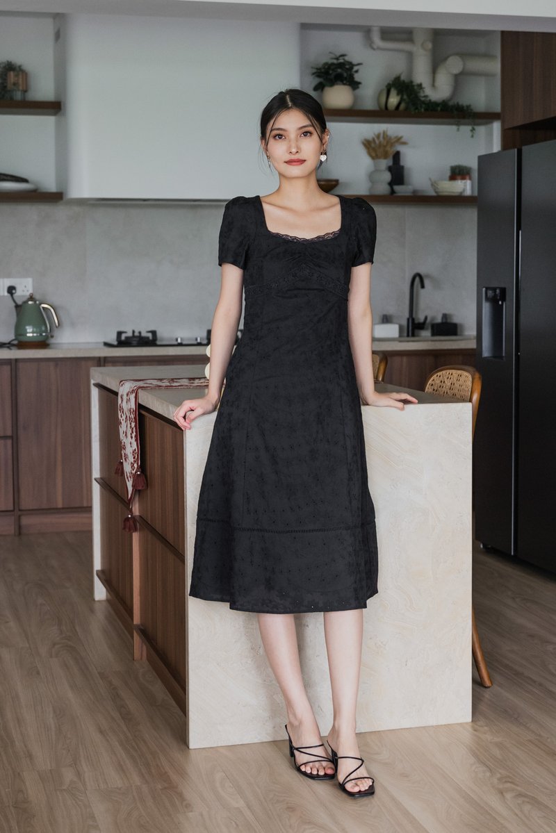 Elora Eyelet Crochet Midi Dress In Black