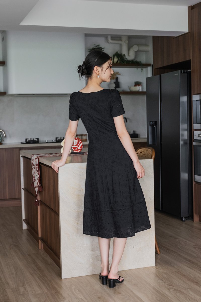Elora Eyelet Crochet Midi Dress In Black