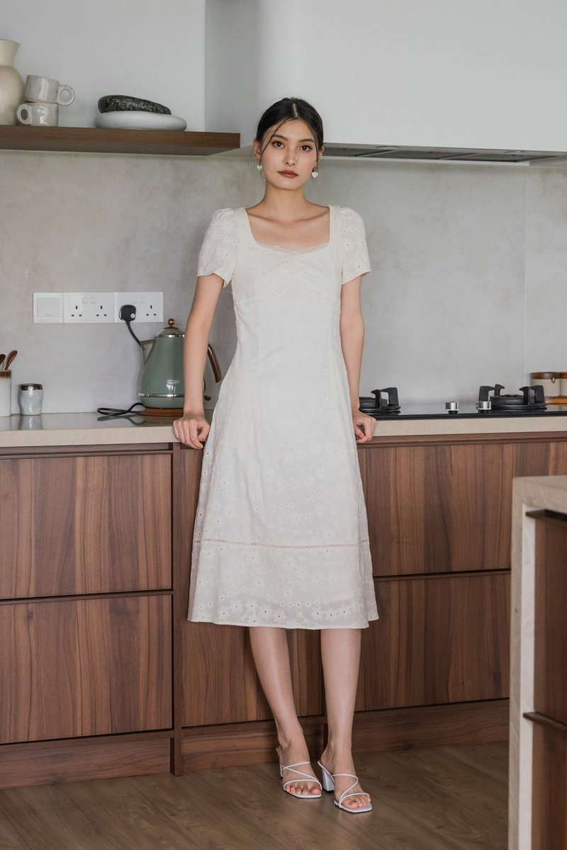 Elora Eyelet Crochet Midi Dress In Cream