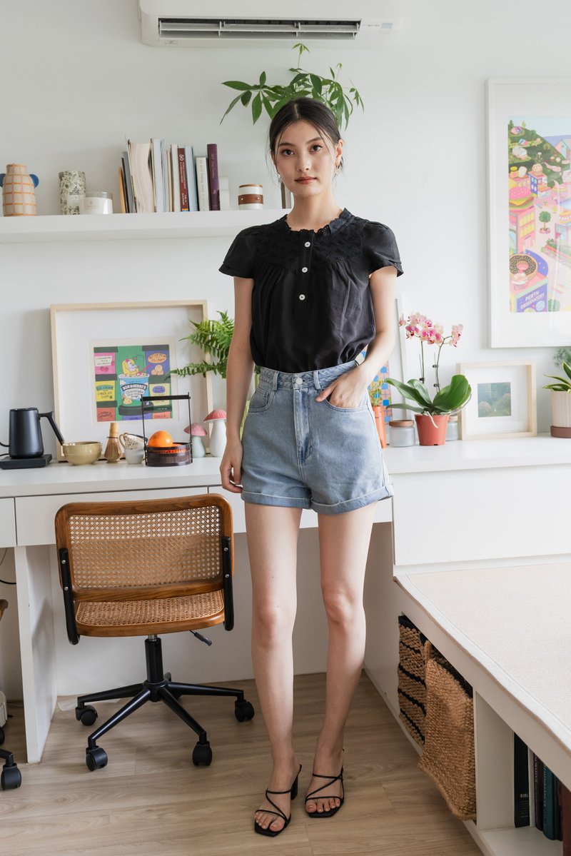 Phoebe Mixed Fabric Button Top In Black