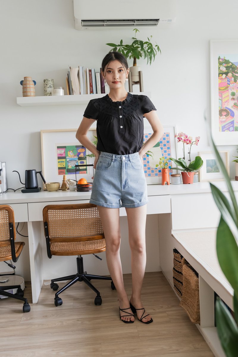 Phoebe Mixed Fabric Button Top In Black