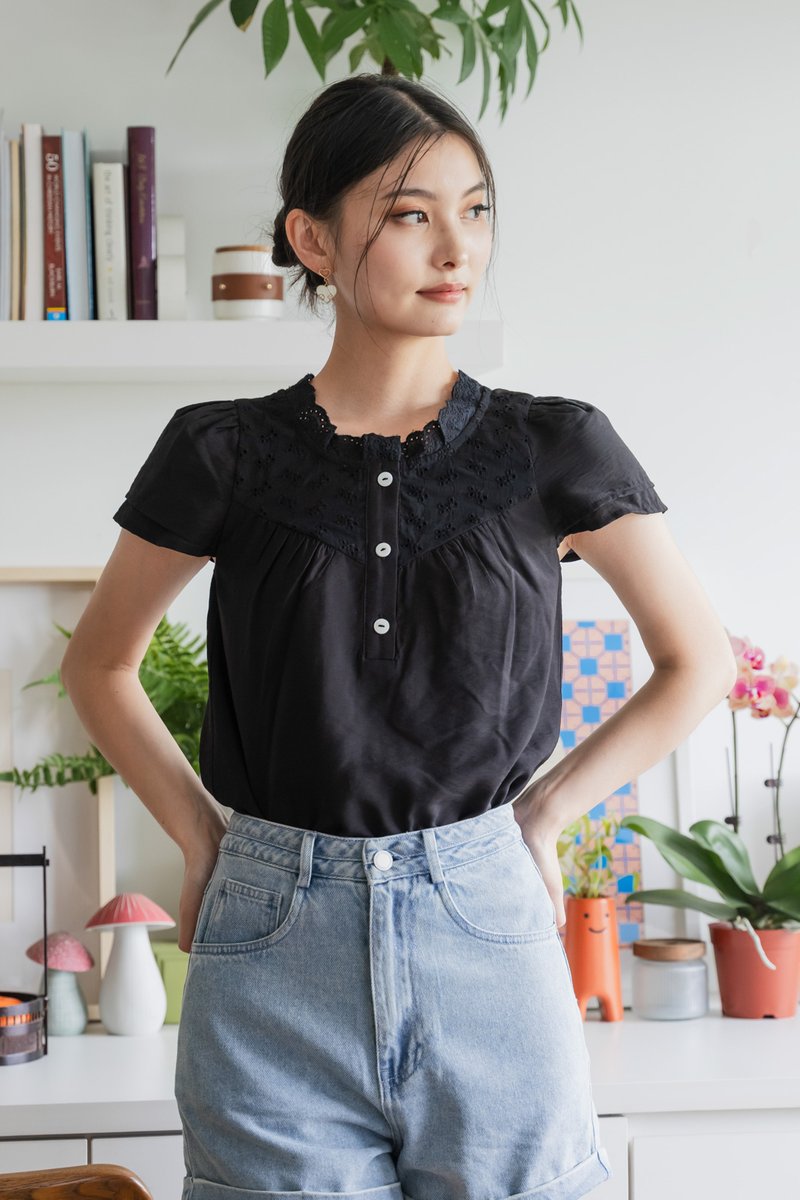 Phoebe Mixed Fabric Button Top In Black