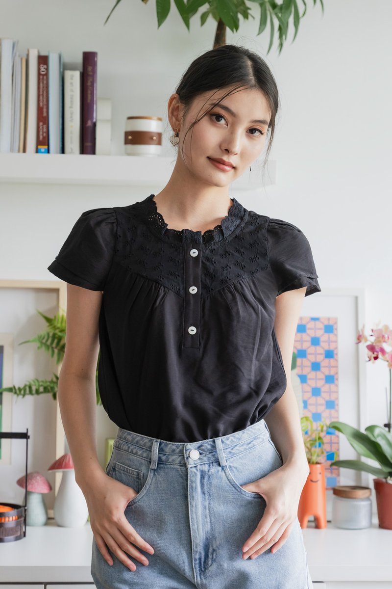 Phoebe Mixed Fabric Button Top In Black
