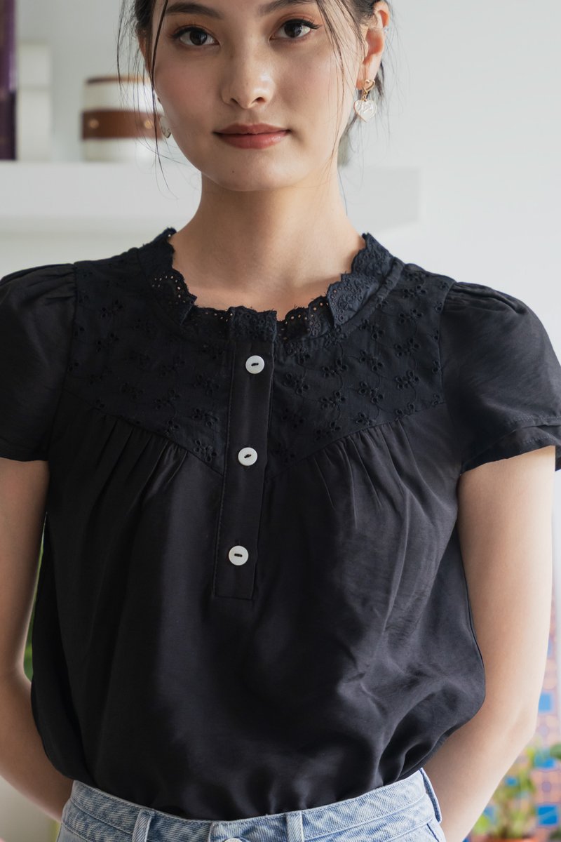 Phoebe Mixed Fabric Button Top In Black