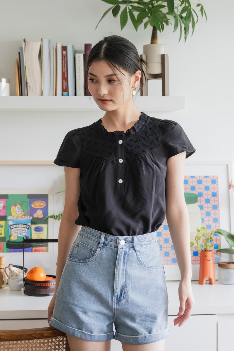 Phoebe Mixed Fabric Button Top In Black