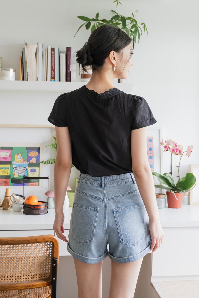 Phoebe Mixed Fabric Button Top In Black