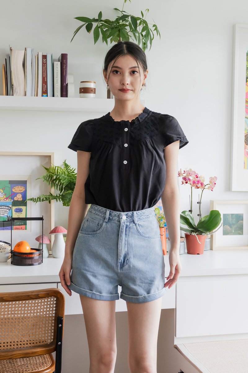 Phoebe Mixed Fabric Button Top In Black