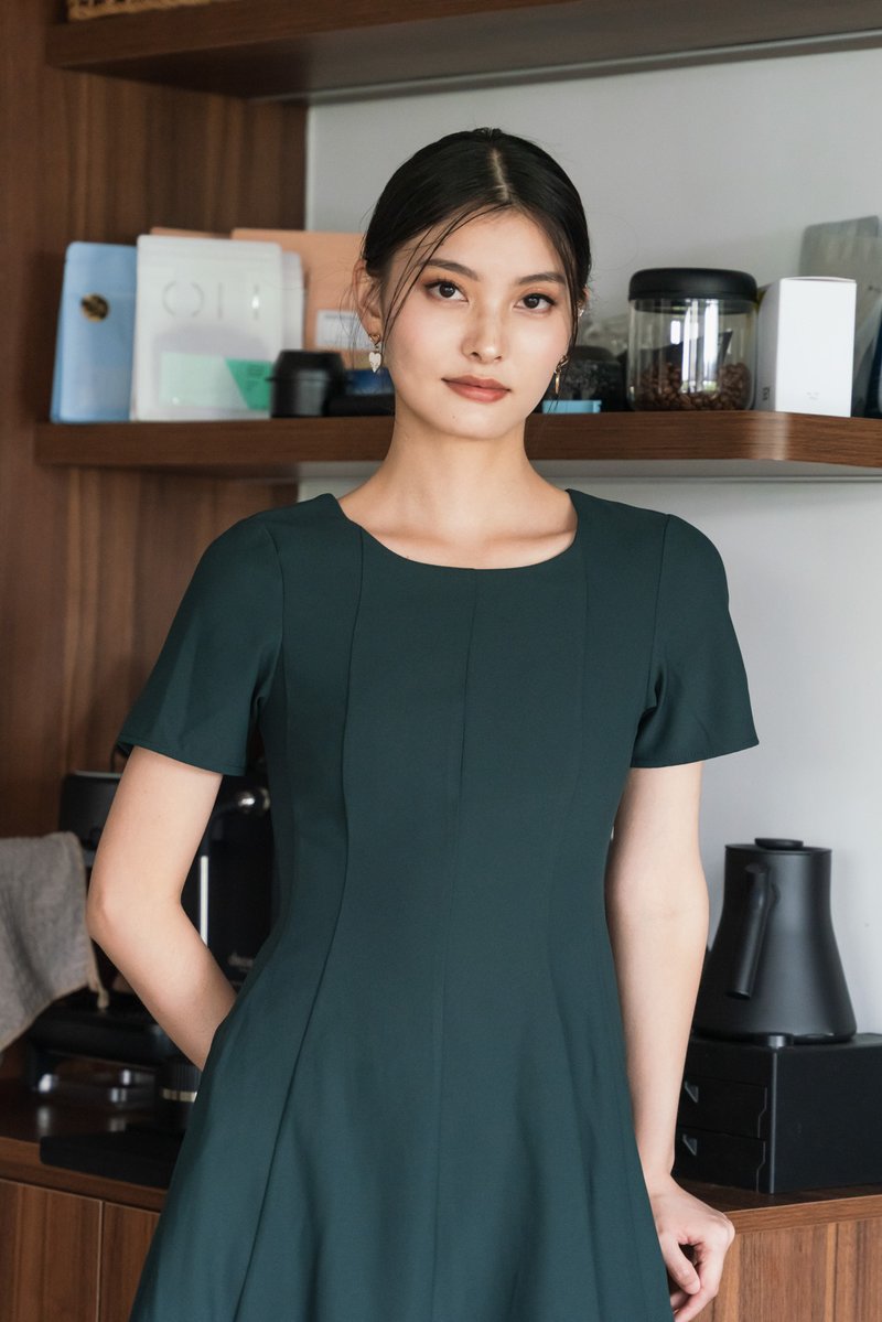 Hebe Panelled Work Dress In Forest