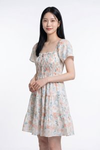 Clarita Smocked Ruffles Tier Dress In Peach