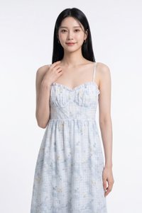 Kalena Ruched Embroidery Midi Dress In Blue