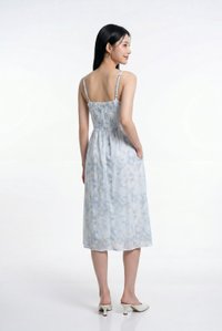 Kalena Ruched Embroidery Midi Dress In Blue