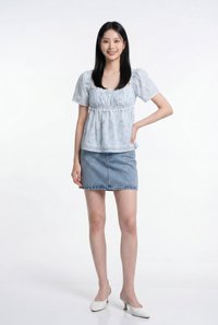 Kalena Ruched Lace Fleur Top In Blue