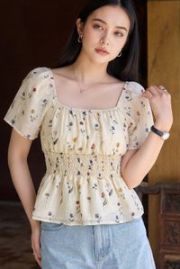 Kiraz Smocked Waist Floral Top In Cream