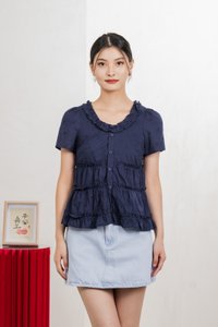 Julietta Eyelet Ruffles Button Top In Navy