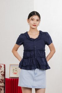 Julietta Eyelet Ruffles Button Top In Navy