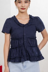 Julietta Eyelet Ruffles Button Top In Navy