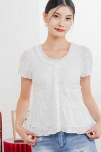 Julietta Eyelet Ruffles Button Top In White