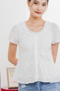Julietta Eyelet Ruffles Button Top In White