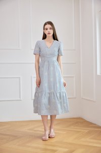Zahra Textured Gingham Embroidery Midi Dress