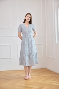 Zahra Textured Gingham Embroidery Midi Dress
