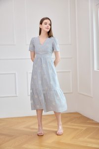 Zahra Textured Gingham Embroidery Midi Dress