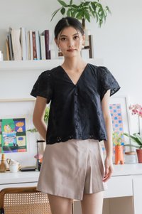 Callie Eyelet Button Top In Black