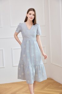 Zahra Textured Gingham Embroidery Midi Dress