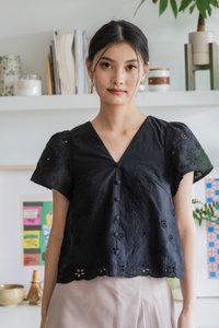 Callie Eyelet Button Top In Black