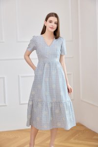 Zahra Textured Gingham Embroidery Midi Dress
