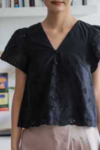 Callie Eyelet Button Top In Black