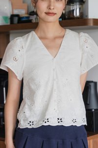 Callie Eyelet Button Top In White
