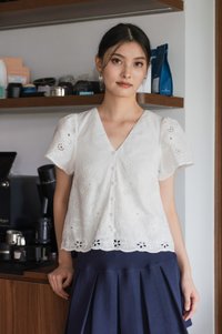 Callie Eyelet Button Top In White