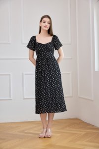 Yve Textured Fleur Midi Dress In Black