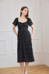 Yve Textured Fleur Midi Dress In Black