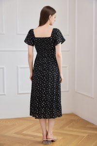 Yve Textured Fleur Midi Dress In Black