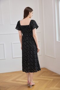 Yve Textured Fleur Midi Dress In Black
