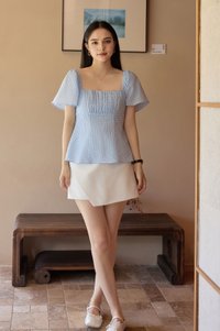 Dee Gingham Ruched Top in Blue