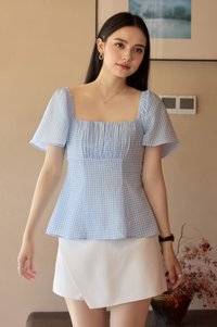 Dee Gingham Ruched Top in Blue