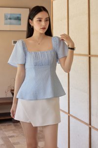 Dee Gingham Ruched Top in Blue